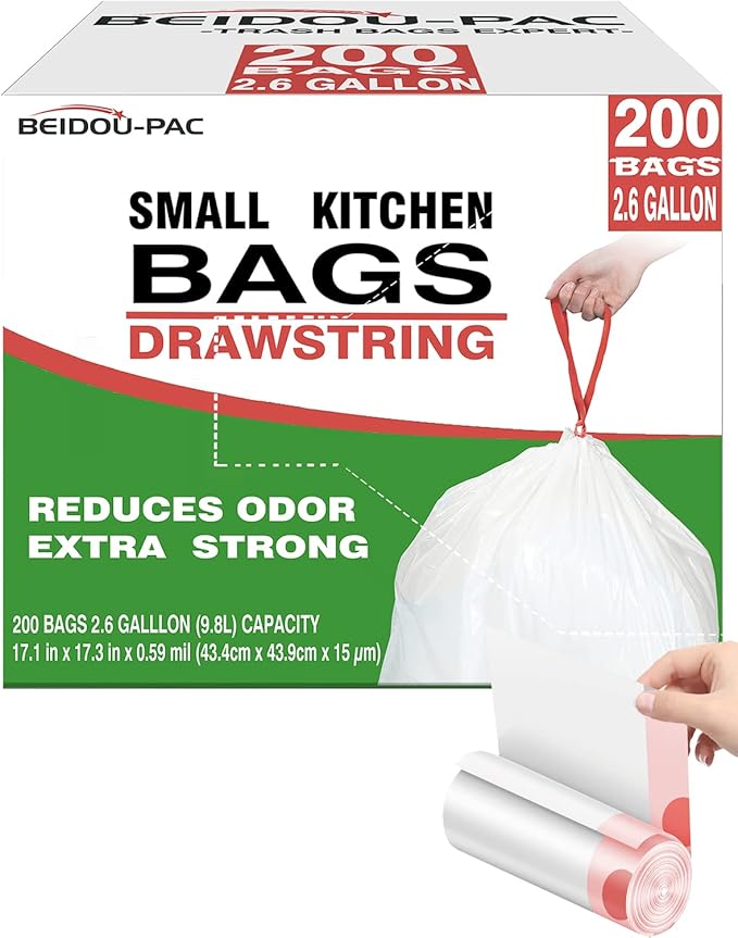 Trash Bags, 2.6 Gallon, 200 Count, Drawstring, Odorless, Extra Thick, White Plastic, Food Scrap Bag for Home Office Bathroom Kitchen Bins