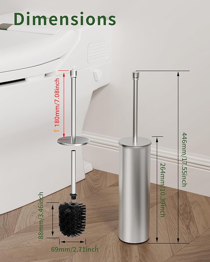 Toilet Brush and Holder Set, Toilet Bowl Brush for Bathroom with Long Handle, Stainless Steel Toilet Cleaner Brush with Durable Scrubbing Bristles,Splash-Proof (Brushed Nickel)