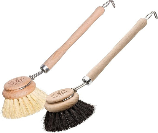 REDECKER Tampico Fiber and Horsehair Dish Brush Bundle, Set of 2 Brushes with Untreated Beechwood Handles, 10-inches, Made in Germany - German Dish Brush - Tampico Dish Brush