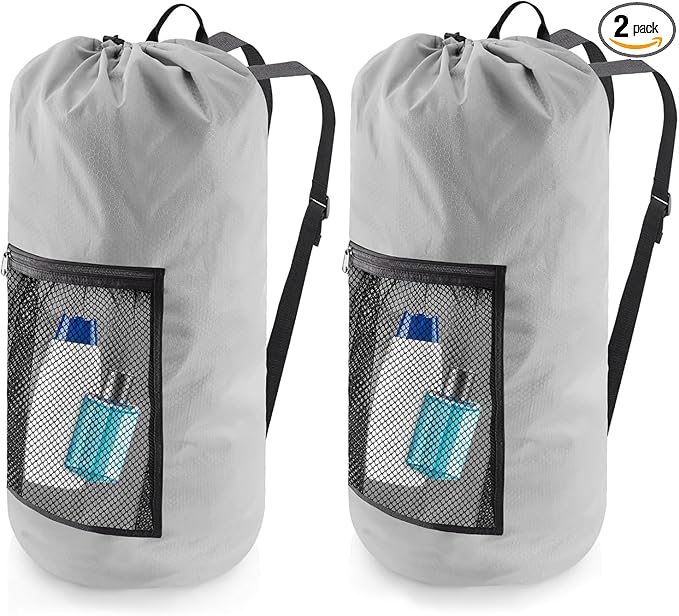 Laundry Bag Backpack, 2PCS Extra Large Travel Laundry Bag with Mesh Pocket & Adjustable Shoulder Straps,Dirty Clothes Travel Bag for College Students Dorm,Apartment(Light Gray)