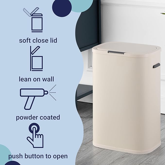 happimess HPM1017D Tammi Kitchen 14.5-Gallon Slim Metal Push Button Trash Can, Fingerprint Resistant, Modern, Minimalistic for Home, Kitchen, Laundry Room, Office, Bedroom, Bathroom, Limestone Beige