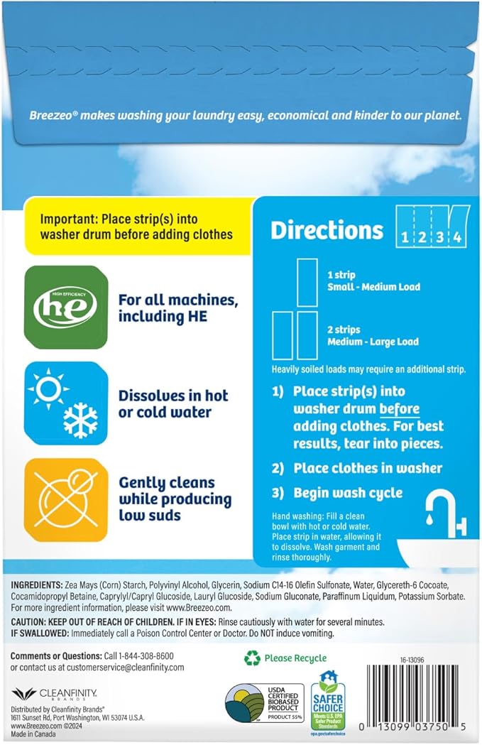 Breezeo Laundry Detergent Strips (48 strips) – Free & Clear - More Convenient than Pods, Pacs, Liquids or Powders – Great for Home, Dorm, Travel, Camping & Hand-Washing