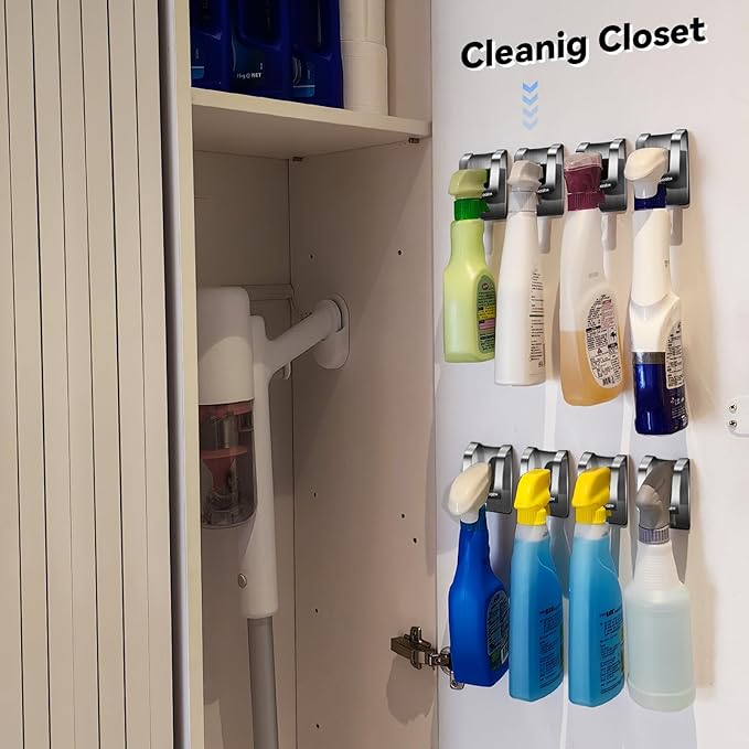 KIHOGEM Spray Bottle Hanger, Adhesive Spray Bottle Hook Stainless Steel Spray Bottle Holder Wall Mount Non Drilling for Cabinet, Kitchen or Under Sink (4pcs)