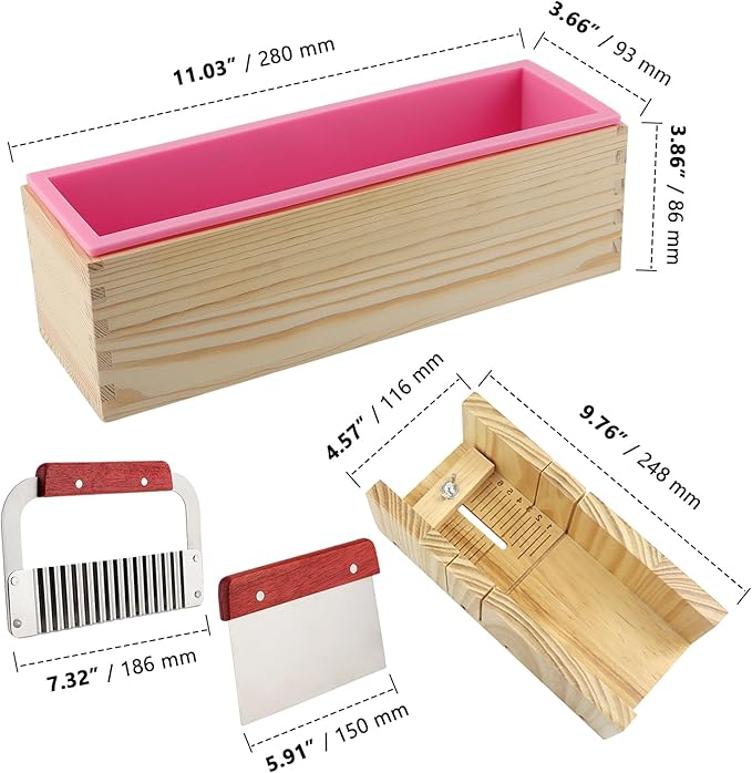 ZOENHOU 7PCS 42oz Soap Molds with Stainless Steel Wavy Slicer and Straight Slicer, Soap Loaf Bar Rectangular Silicone Soap Making Molds Kit with Wood Box DIY Tool Set for Soap Making Supplies