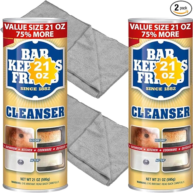 Cleaning Bundle: Bar-Keeper’s-Friend Cleanser Powder 21 oz - 2 packs + 2 Microfiber Cleaning Cloth 16x12