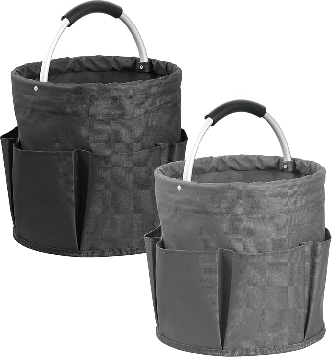 2Pack 17L Foldable Cleaning Supply Caddy with Handle, Portable Bucket Tool Organizer, Garden Tool Bag in 600D Oxford Fabric, Folding Storage Basket for Outdoor, Bathroom, Black + Dark Gray