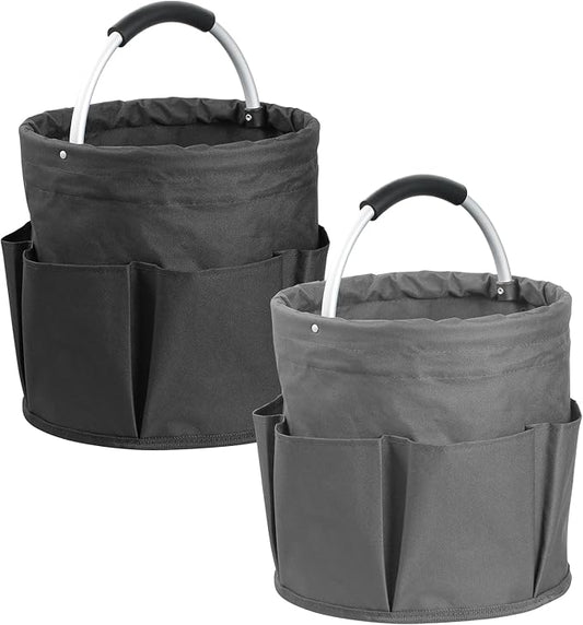 2Pack 17L Foldable Cleaning Supply Caddy with Handle, Portable Bucket Tool Organizer, Garden Tool Bag in 600D Oxford Fabric, Folding Storage Basket for Outdoor, Bathroom, Black + Dark Gray