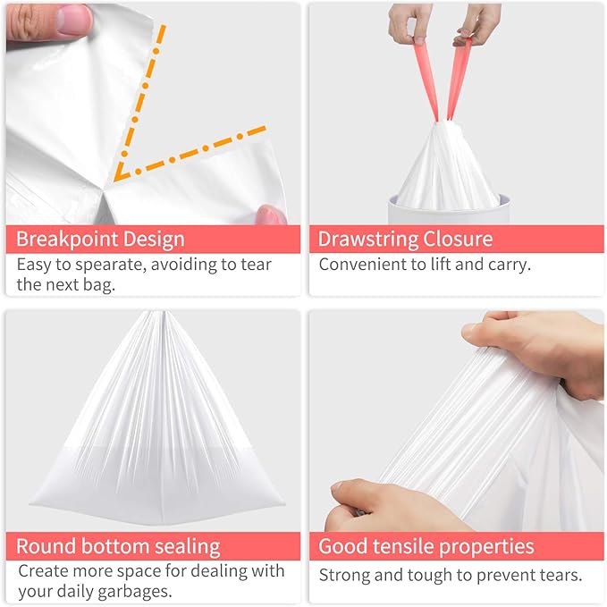 Small Trash Bags, KONE 192 Count 4 Gallon Drawstring Extra Thick Garbage Bags Wastebasket Bin Liners Plastic Trash Bags for Bathroom, Bedroom, Office, Car, Kitchen, Home