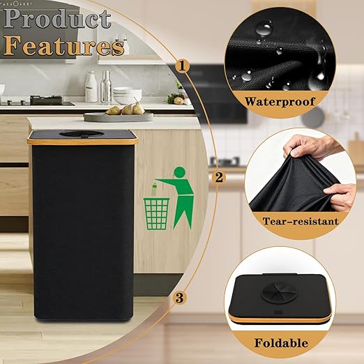 Recycling Bin for Kitchen 26 Gallon, 100L Large Recycle Bins with Bamboo lid, 2 Removeable Reusable Inner Bags, Foldable Kitchen Trash Can for Recycling Bottle Glass Waste Plastics, Black