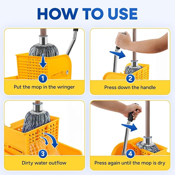 Commercial Mop Bucket with Wringer on Wheels Small 5 Gallon, Heavy Duty Dual Chamber Industrial Mop Bucket Separate Dirty Water, Perfect for Business Household, 20 Quart Yellow