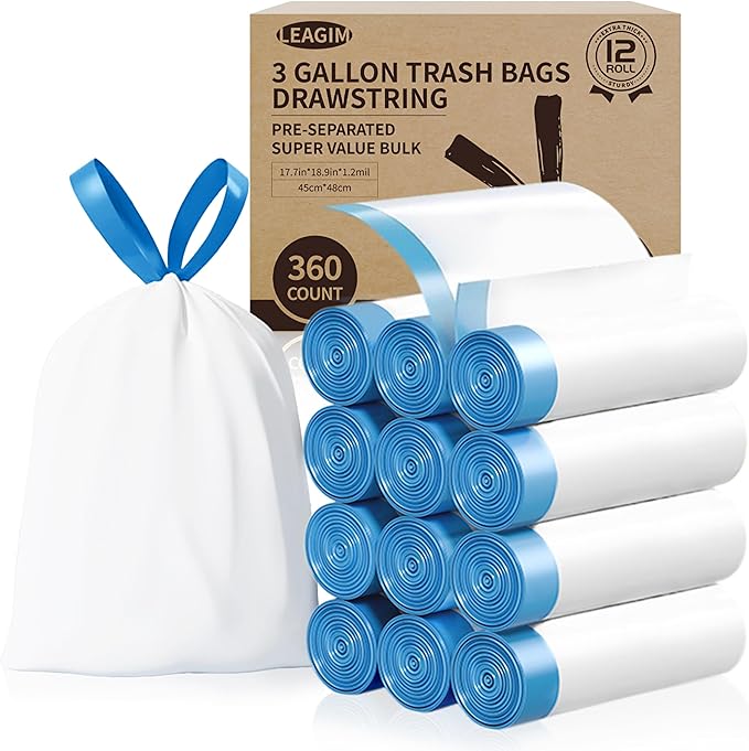 Small Trash Bags 3 Gallon, 360 Count -1.2 Mil Drawstring Mini Garbage Bags, White Plastic Trash Can Liners for Bathroom Accessories, 12 Liter, Bedroom, Dorm Room Essentials, Office