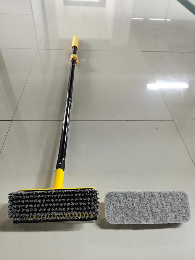 JEHONN Shower Cleaning Brush, 53.5 inches Long Handle Scrubbing Brush, 3-in-1 Bathroom Tub Tile Scrubber Mop with Squeegee for Bathtub Sink Tile Floor Wall Glass Deck (Yellow)