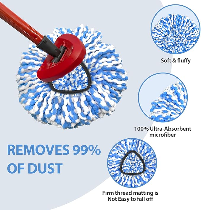 Mop Head Replacement, Microfiber Mop Refills Include 3 Cedar Spin Mop Replace Heads, 1 Extra Mop Replacement Base