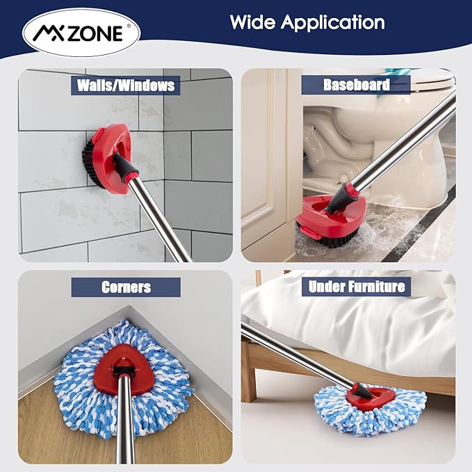 Spin Mop Head Replacement Base Handle Compatible with O Cedar Rinse Clean 2-Tank System, 4 Replace Heads, 1 Mop Handle, 1 Base and 1 Scrub Brush Combo Set