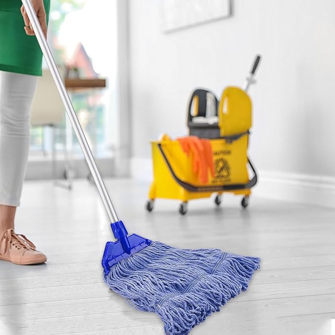 Mop Head Replacement for Heavy Duty Commercial Mops for Floor Cleaning, Wet Industrial Blue Cotton Looped End String Head Refill (Pack of 4)