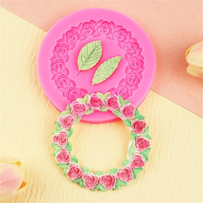 2pcs Round Rose Wreath Leaves Fondant Chocolate Candy Silicone Mold Cake Decorating Baking Pastry Tools Soap Resin Polymer Clay Mould