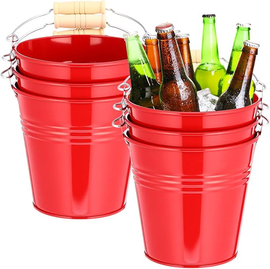 Zopeal 6 Pcs Large Metal Bucket Beer Bucket Galvanized Steel Pail with Handle for Gifts Basket Ice Candy Party(7.4 x 7.2 x 4.6 Inch,Red)