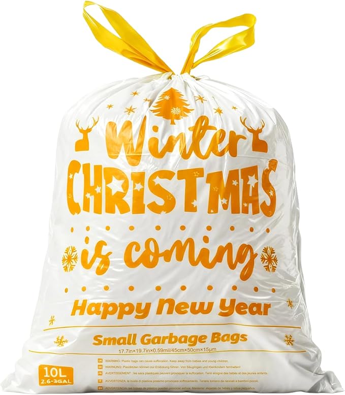 3 Gallon Christmas Drawstring Trash Bags – 50 Count Small Christmas Printed Garbage Bags, Festive Printed Waste Bin Liners, Holiday Christmas Supplies for Bathroom, Party Cleanup, Gold