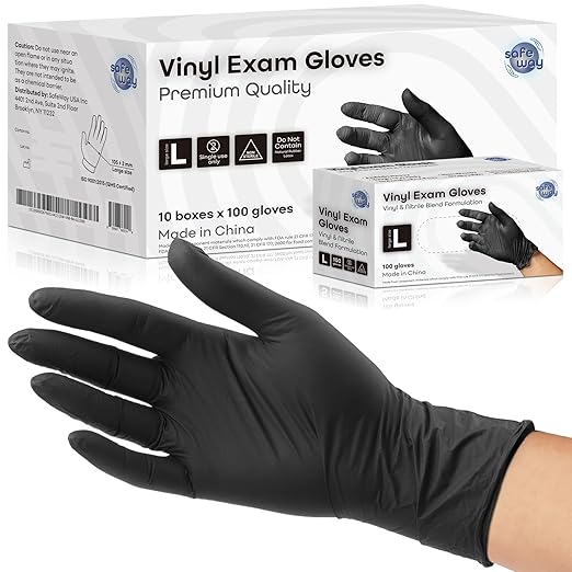 Nitrile-Vinyl Blended Disposable Gloves, Powder-Free & Non-Latex Gloves, 3000, Protective Gloves for Medical Exams, Cooking & Household Cleaning, 4 Mil Thick Non-Sterile Secure Grip Black, Large