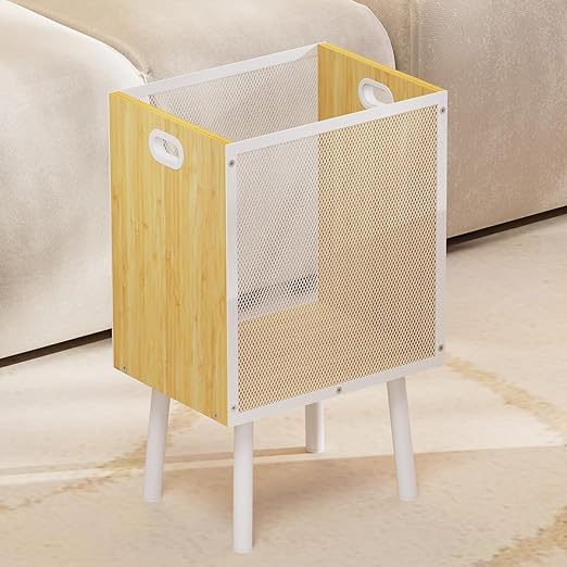 Small Trash Can Bamboo Waste Basket Garbage Can with Handles and Metal Mesh – Rectangular Wood Trash Can with Iron Frame & Legs, Cute Trash Bin for Living Room, Office, Bedroom, Bathroom, 4.5 Gallon