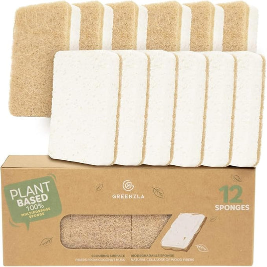 Greenzla Kitchen Sponges, Plant-Based Dish Sponges, Non-Scratch Sisal Hemp Scouring Pads for Dishes, Countertops, Bathtubs, and Tiles, 12 Pack
