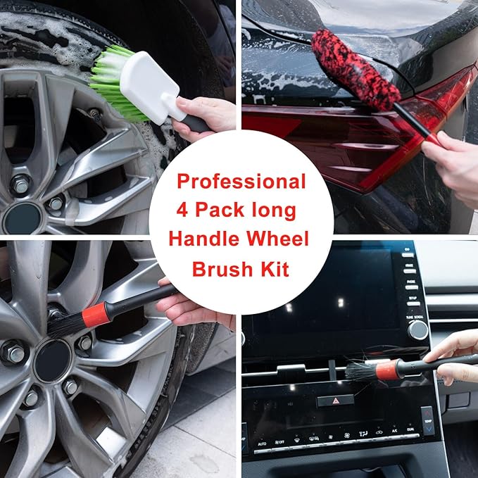 ITTAHO 4 Pack Car Wash Brush Wheel Cleaning Woolies Brush Detailing Brush and Stiff Tire Brush Tires Wheel Brushes for Cleaning Wheels for Wheels, Rims, Carpet, Truck, SUV, Moto, RV, Motorcycle