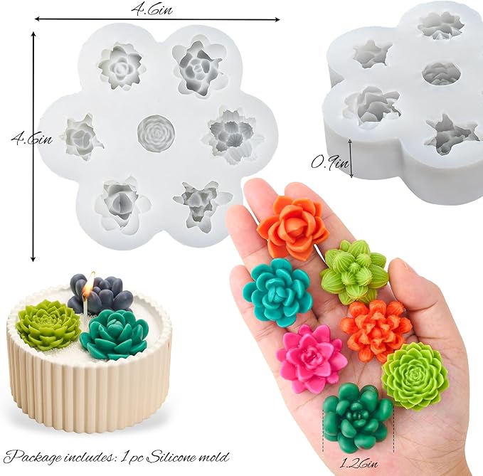 Succulent Candle Molds for Candle Making 7 Cavity 3D Succulents Silicone Wax Mold DIY Handmade Cactus Plant Flower Art Craft Mould Epoxy Resin Casting Soap Cement Concrete Ornament Moulds Home Decor