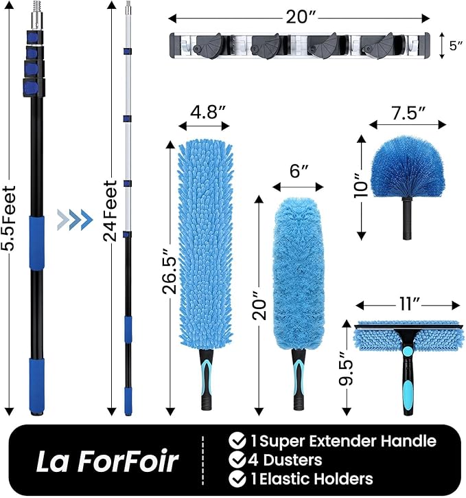30ft High Ceiling Duster Kits with 5-24ft Heavy Duty Extension Pole - Fan Blade Cleaner, Cobweb Remover & Blue Window Squeegee Kit, Washable Dust Brush for High Roof and Glass Surfaces