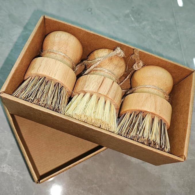 3 Pack Wood Dish Brush Set, Wood Scrub Brush for Dishes with Natural Sisal Bristles for Cleaning Pots, Pans and Vegetables