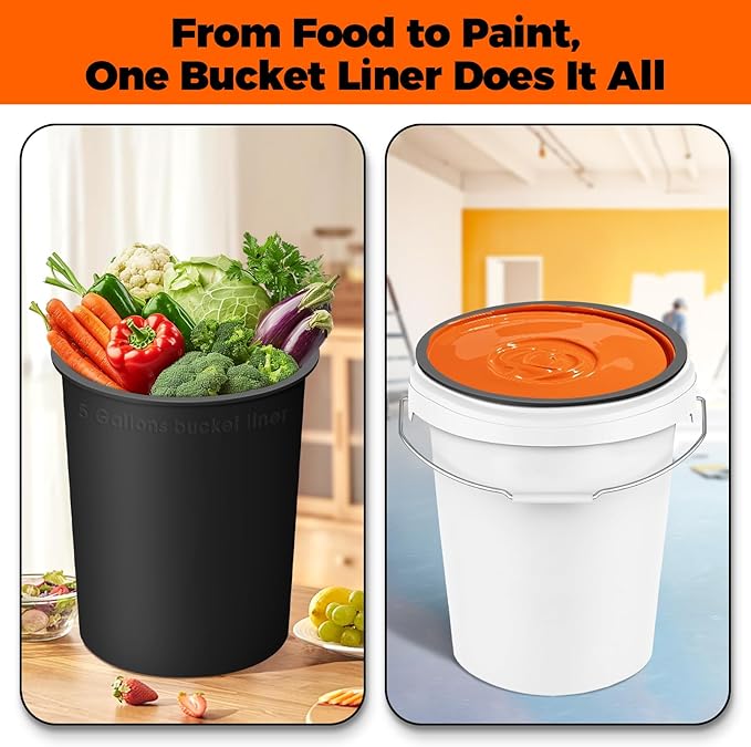 5 Gallon Bucket Liner with Lid for Concrete Mix and Mud - Food Grade Reusable Silicone Bucket Liner (Black, 5 Gallon with Lid)