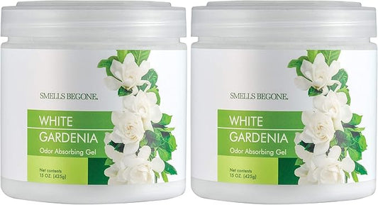 SMELLS BEGONE Air Freshener Odor Absorber Gel - 15 oz, Pack of 2 - Absorbs and Eliminates Odor in Pet Areas, Bathrooms, Cars, & Boats - Made with Essential Oils - White Gardenia Scent