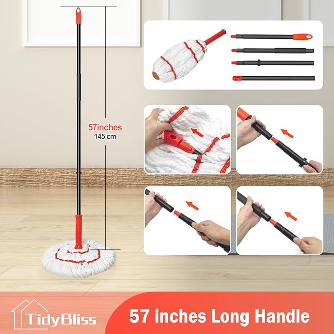 Self Wringing Twist Mop for Floor Cleaning, 57.5 inches Long Handle Cotton String Mop with Wringer, Washable Microfiber Wet Mop with Scouring Pad for Hardwood, Tile, Bathtub, Kitchen