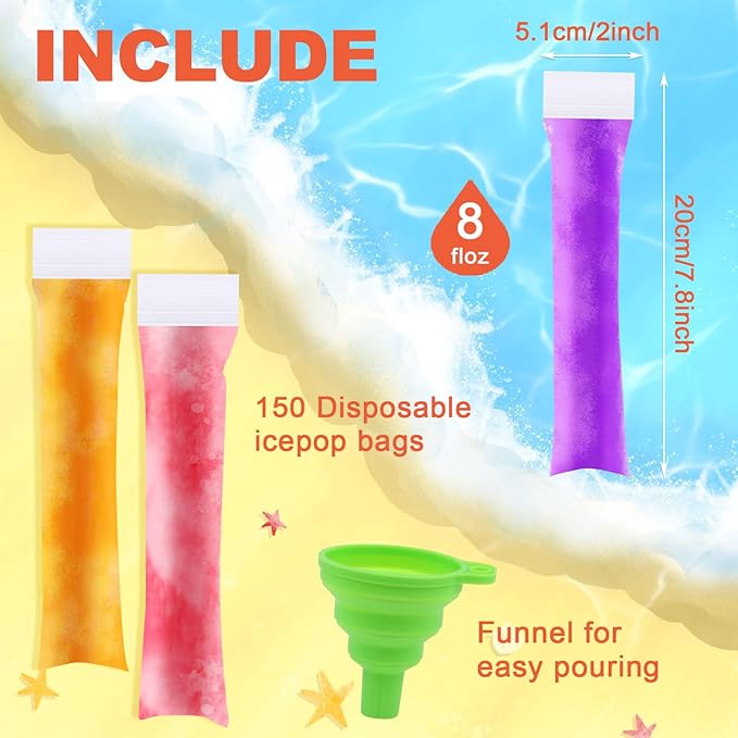 LOMIMOS 160PCS Disposable Popsicle Bags with Funnel,BPA Free Ice Pop Molds Double Zipper Freezer Tubes Reusable Ice Candy Sticks for DIY Yogurt Juice Smoothies(1.96"x7.87") – Family & Party Snacks
