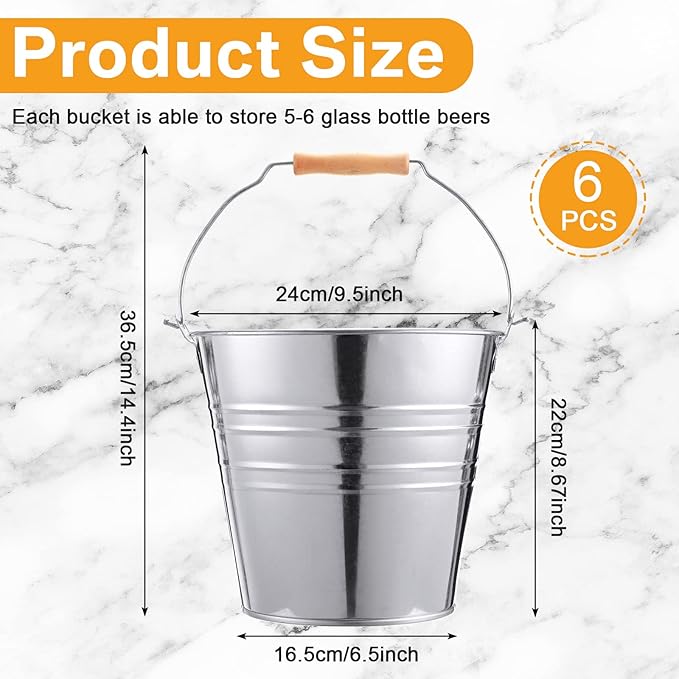 Zopeal 6 Pcs Large Metal Bucket Beer Bucket Galvanized Steel Pail with Handle for Gifts Basket Ice Candy Party (9.5 x 8.67 x 6.5 Inch,Silver)