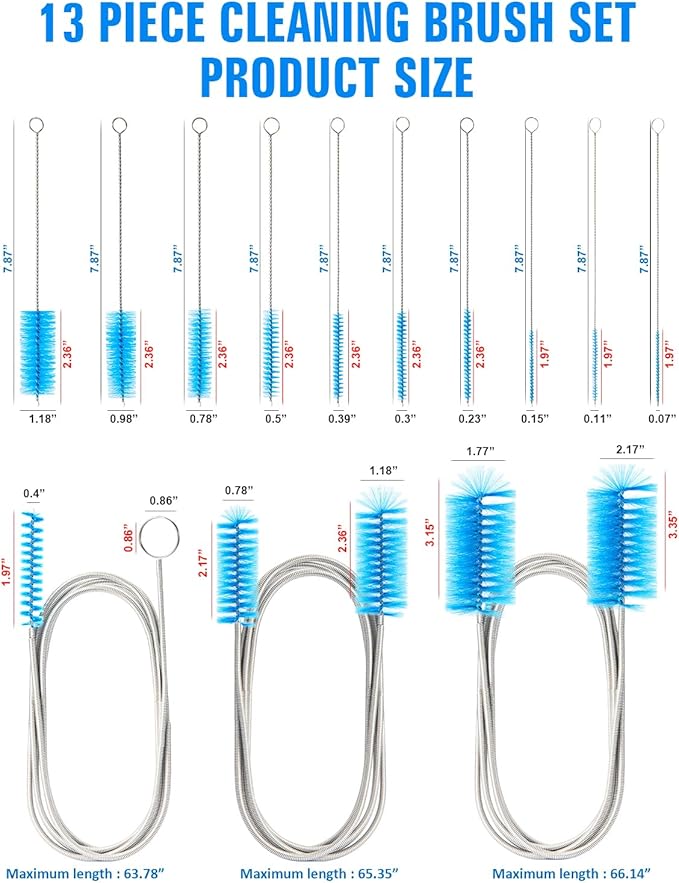 Cleaning Brush,13Pcs Stainless Steel Nylon Brush Set,Flexible and Portable Cleaning Brushes for Household Use,Bottle Washing Brush,Long Pipe Cleaners,Sunroof Drain Cleaning Tool