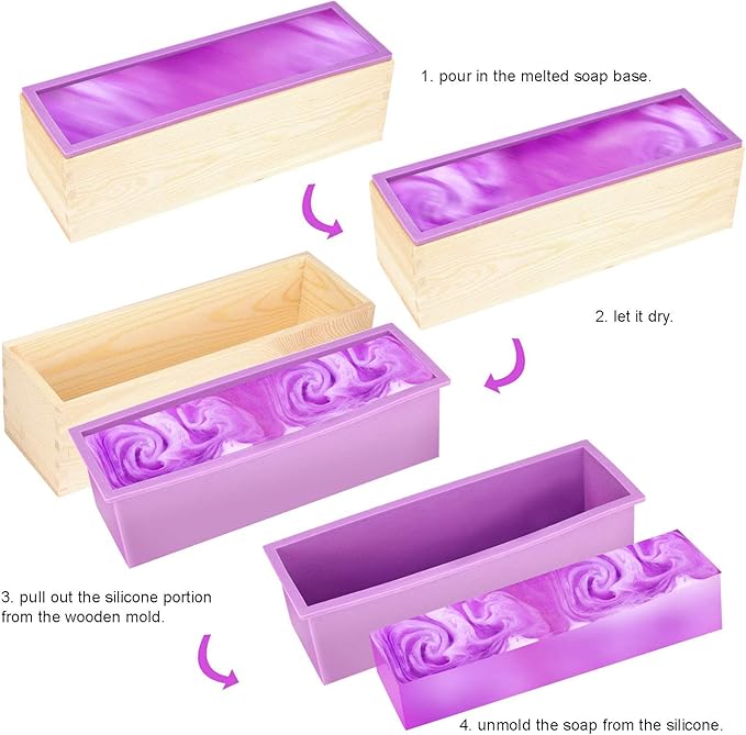 ZOENHOU 2 PCS 42oz Purple Soap Molds with 2 Lids, Flexible Rectangular Silicone Soap Making Molds Kit with Wood Box, DIY Tool Set for Soap Making Supplies…