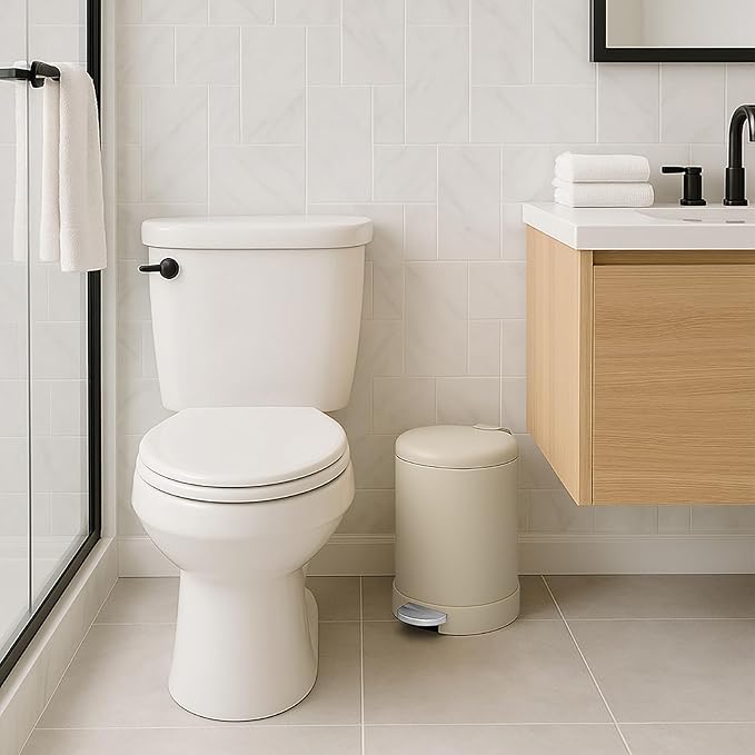 Glad Small Trash Can, 1.2 Gallon | Round Stainless Steel Garbage Bin with Soft Close Lid & Step Foot Pedal | Metal Waste Basket with Removable Inner Bucket, Almond