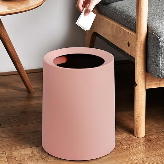 2 Pack Round Modern Trash Can Bedroom, 3Gal/12L Bathroom Trash Can Hidden Bag, Open Top Trash Bin Round Plastic, Minimalist Pink Garbage Can with Inner Bucket (with 2 Handles) for Kitchen Office