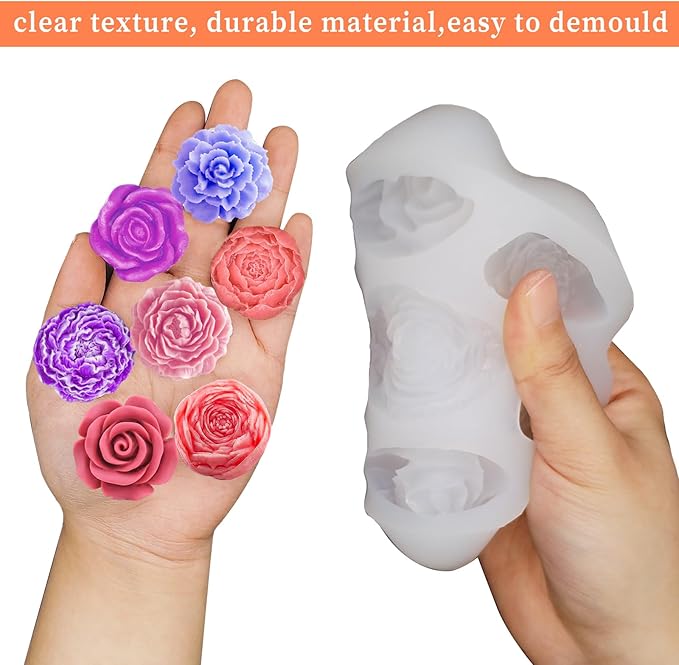 Wehous Flower Molds Silicone, 7 Cavity Rose Peony Fondant Mold for Jelly Chocolate Cake Decorating, 3D Candle Soap Silicone Mold Floral Epoxy Resin Casting Clay Mould Handmade Art Craft Accessories