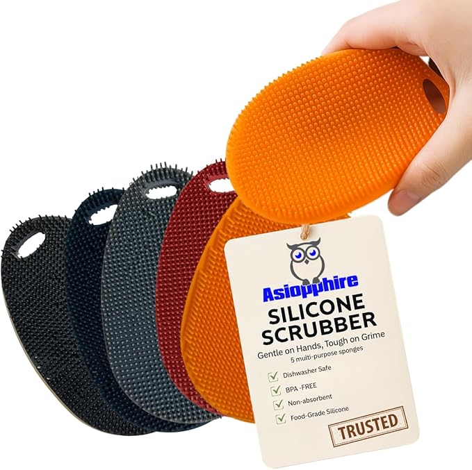 Silicone Sponge Dish Scrubber - Food Grade and Housecleaning - BPA Free Silicone Kitchen Scrubber [5 Pack Ovals Winter]
