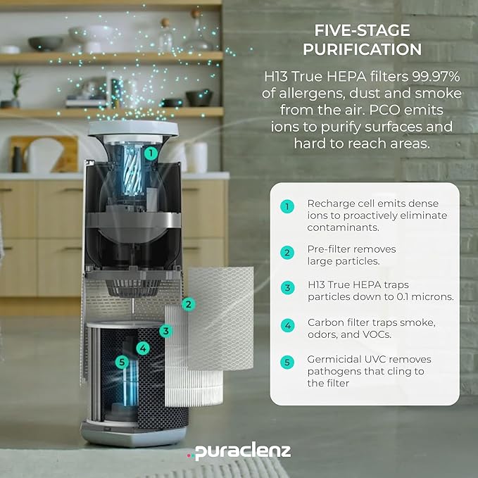 Puraclenz Core C750 Air Purifier for Home, HEPA Filter, Air & Surface Purification, Up to 3000 sqft, Removes 99.97% Pollutants, Mold, Dust, Allergens, Smoke