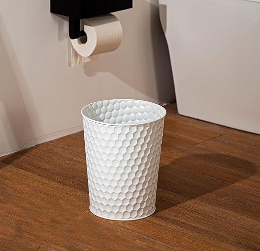 Small Metal Trash Can Wastebasket, Decorative Honeycomb Garbage Can Waste Basket, Modern Farmhouse Round Trash Bin for Bathroom, Bedroom, Kitchen and Office (White)