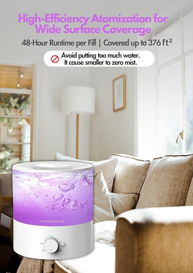 Megawise Cool Mist Humidifier with Top Refill Design, 2L Capacity, High Mist Output, No Leakage, and 7 Color Night Light