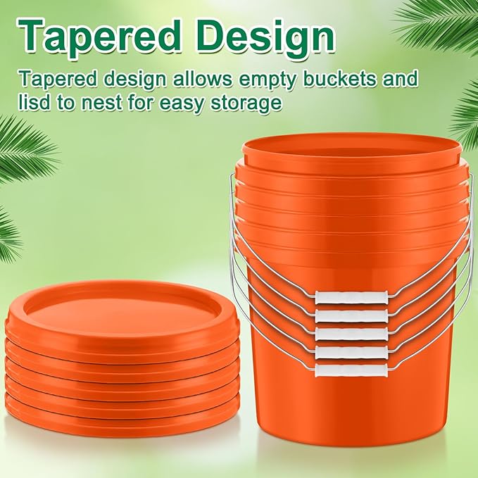 Tioncy 10 Pcs 2 Gallon Plastic Bucket with Lid Heavy Duty 2 Gallon Bucket Pail with Lid Handle for Storage Container Home Household Cleaning (Orange)