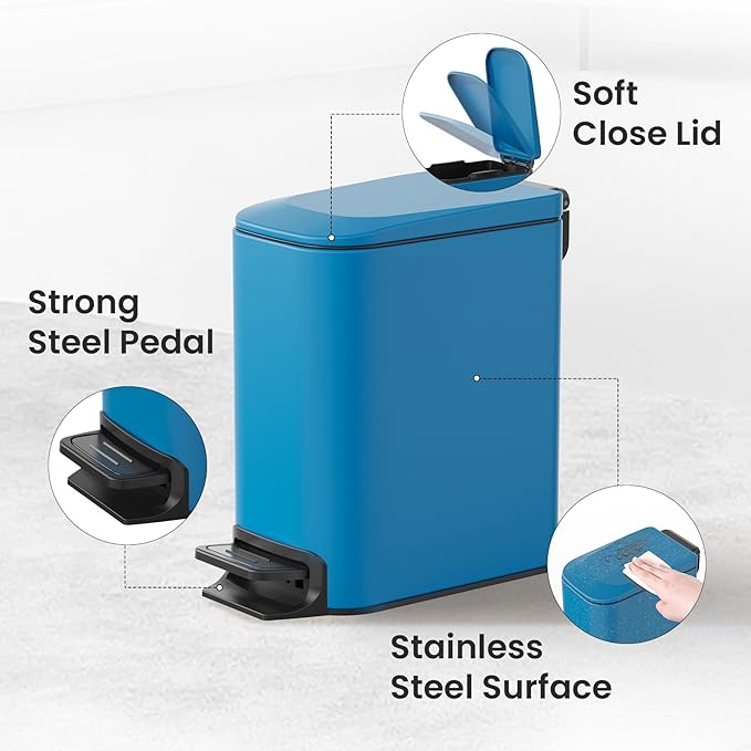 Cesun Small Bathroom Trash Can with Lid Soft Close, Step Pedal, 6 Liter / 1.6 Gallon Stainless Steel Garbage Can with Removable Inner Bucket, Anti-Fingerprint Finish (Blue)