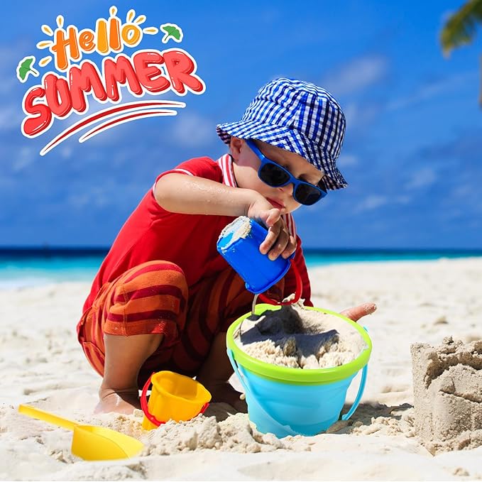 Realspring 3 Sets Collapsible Sand Buckets with Shovels Foldable Pail Buckets for Kids 2.5 l Colorful Collapsible Beach Toys Bulk for Summer Beach Party Outdoor Activity