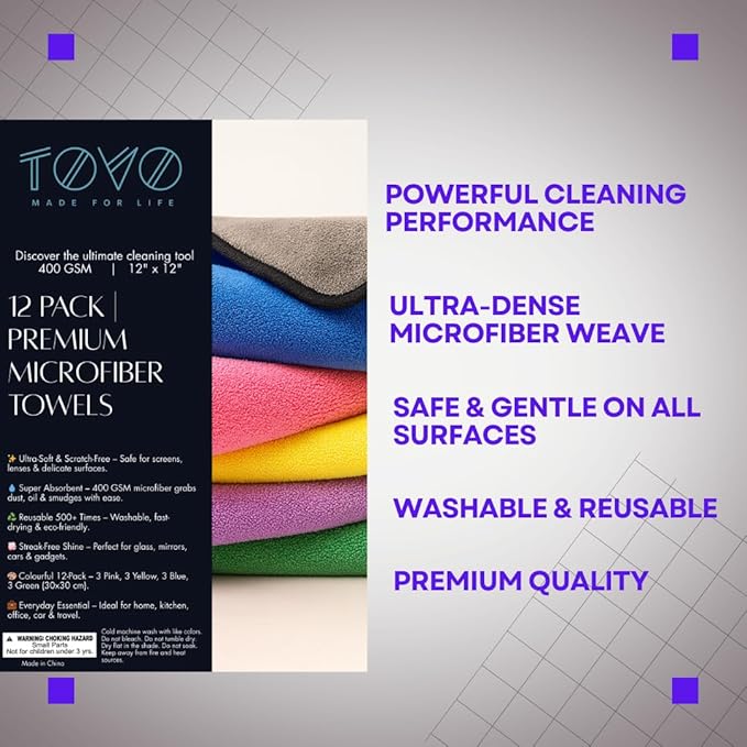 Microfiber Kitchen Towels | 12"x12" Kitchen Cloths | Australian Designed |12 Pack 400 GSM Cleaning Cloths | Cleaning Towels | Ultra-Soft, Scratch-Free, Reusable, Super Absorbent | Car & Household