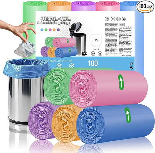 4 Gallon Small Kitchen Trash Bags – 100 Count Bathroom Colorful Flat Top Unscented Garbage Bags, Tear-Resistant Plastic Liners for Bathroom, Kitchen, Office, Bedroom, Fits 15L Trash Cans