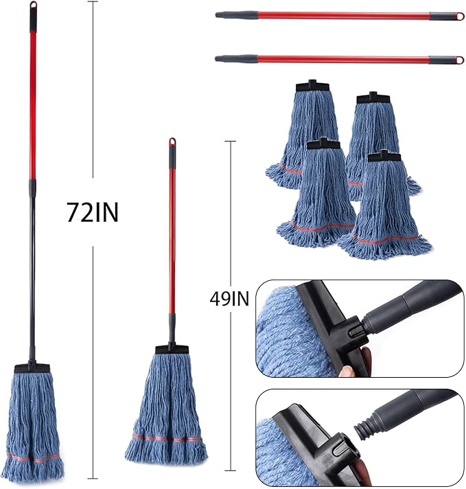 Matthew Commercial&Residential Mop Heavy Duty Industrial Mops with Screw-on Handle(Fit Standard American Screw) Looped-End String Wet Cotton Mops for Home,Office,Workshop - 2 Set&2 Mop Replacements