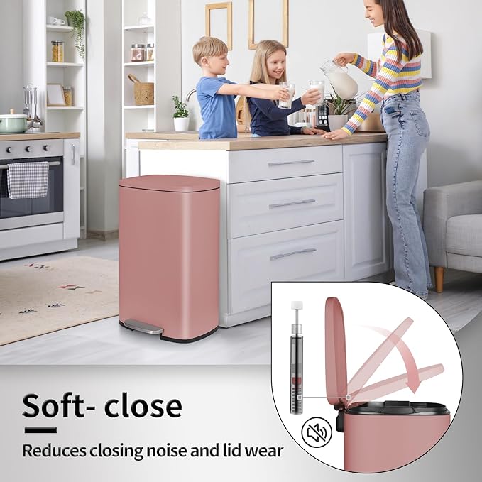 13.2+1.3 Gallon Trash Can Combo Set, Stainless Steel Garbage Bin with Pedal, Removable Inner Waste Bucket, Anti-Fingerprint, Soft-Close Locking Lid Dustbin for Kitchen, Bathroom, Office